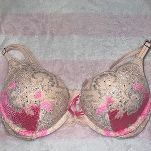 Victorias Secret Bombshell 2 Cup Push Up Pink Rhinestone & Matching Panty